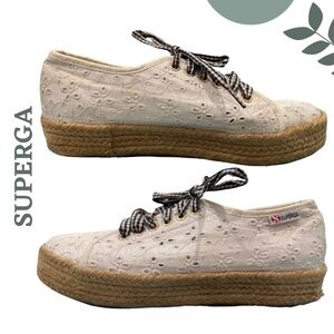 Superga White Eyelet Espadrille Platform Sneakers | Gingham Laces | Size 10